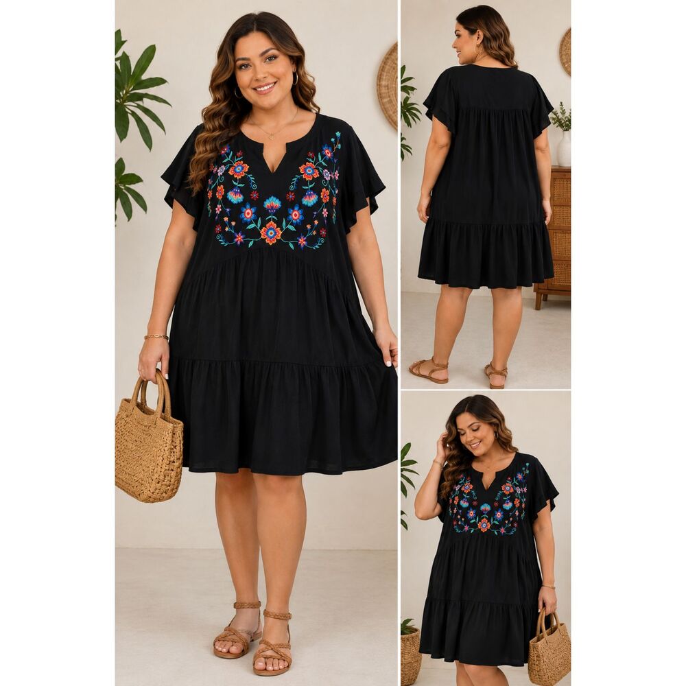NWT BloomChic Black Floral Embroidered Tiered Dress Size 22-24 Boho Plus Size
